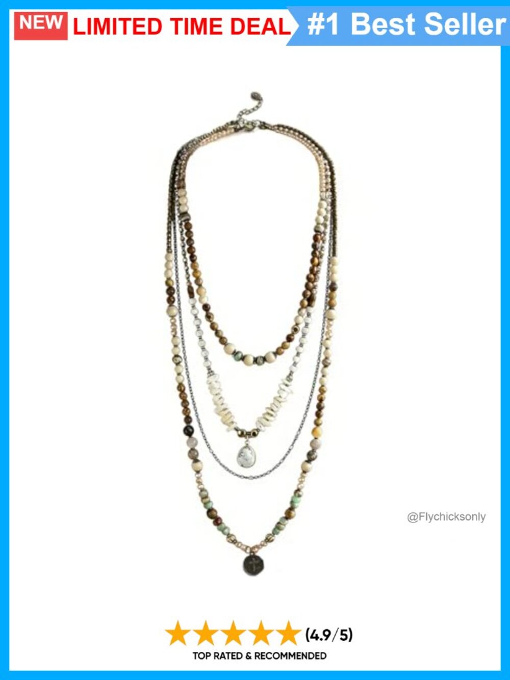 Boho Layered Beaded Pendant Necklace Jasper Stone Handmade Long Chain